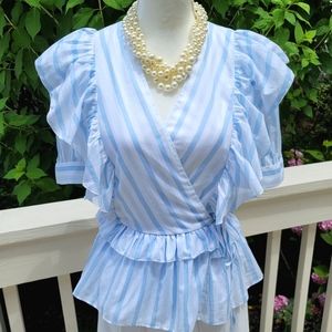 J. Crew Light Blue and White Striped Wrap Blouse